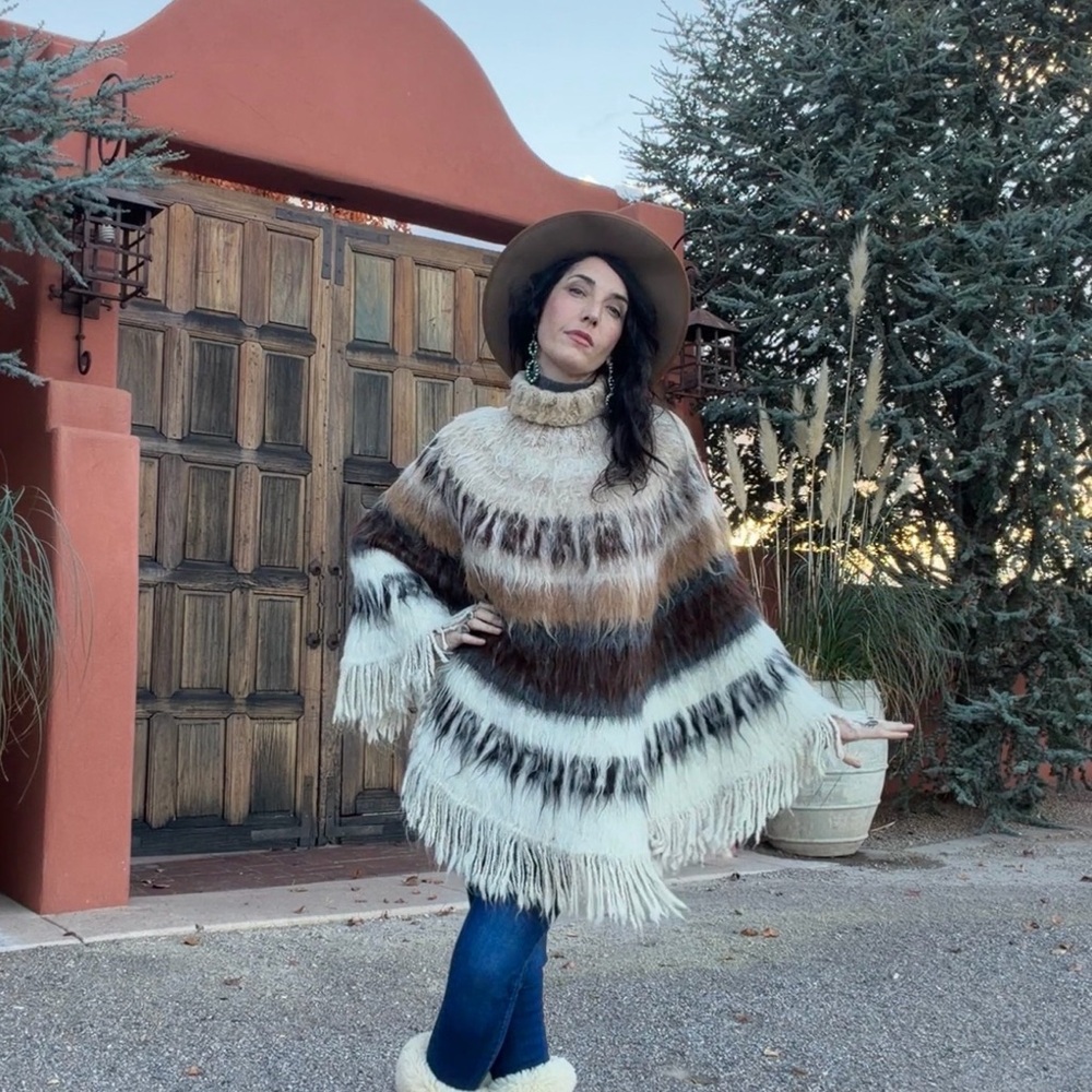 Rare Vintage Handmade Striped Fringe Poncho Sweater Handwoven Peruvian Wool